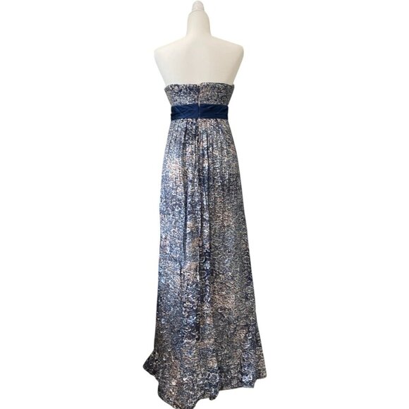 BcbgMaxazria Silk Abstract Floral Print Empire Maxi Long Dress Chiffon Gown Navy - Picture 4 of 11